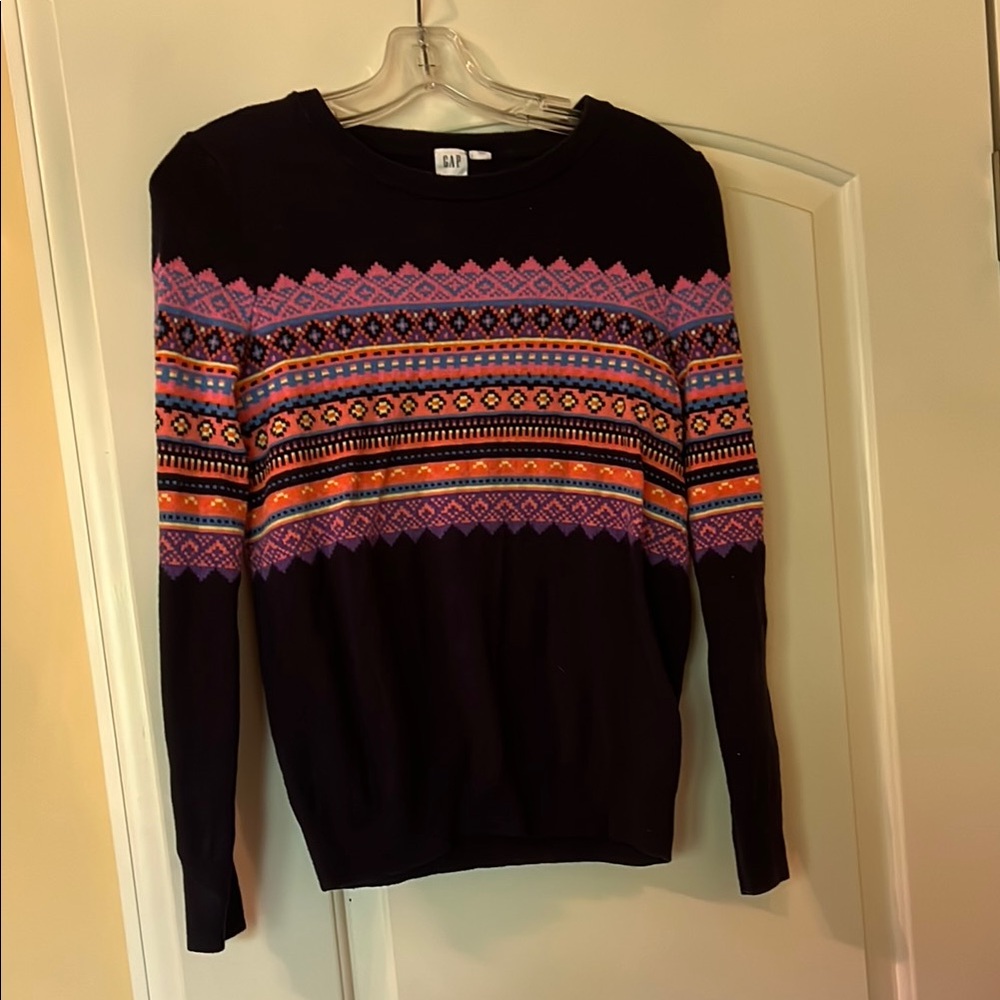 GAP Black and Purple Crewneck Sweater with Fair Isle Pattern